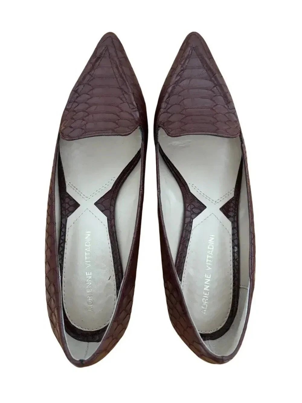 ADRIENNE VITTADINI Croc Embossed Pointed Toe Leather Kitten Heels Cognac SZ 8.5